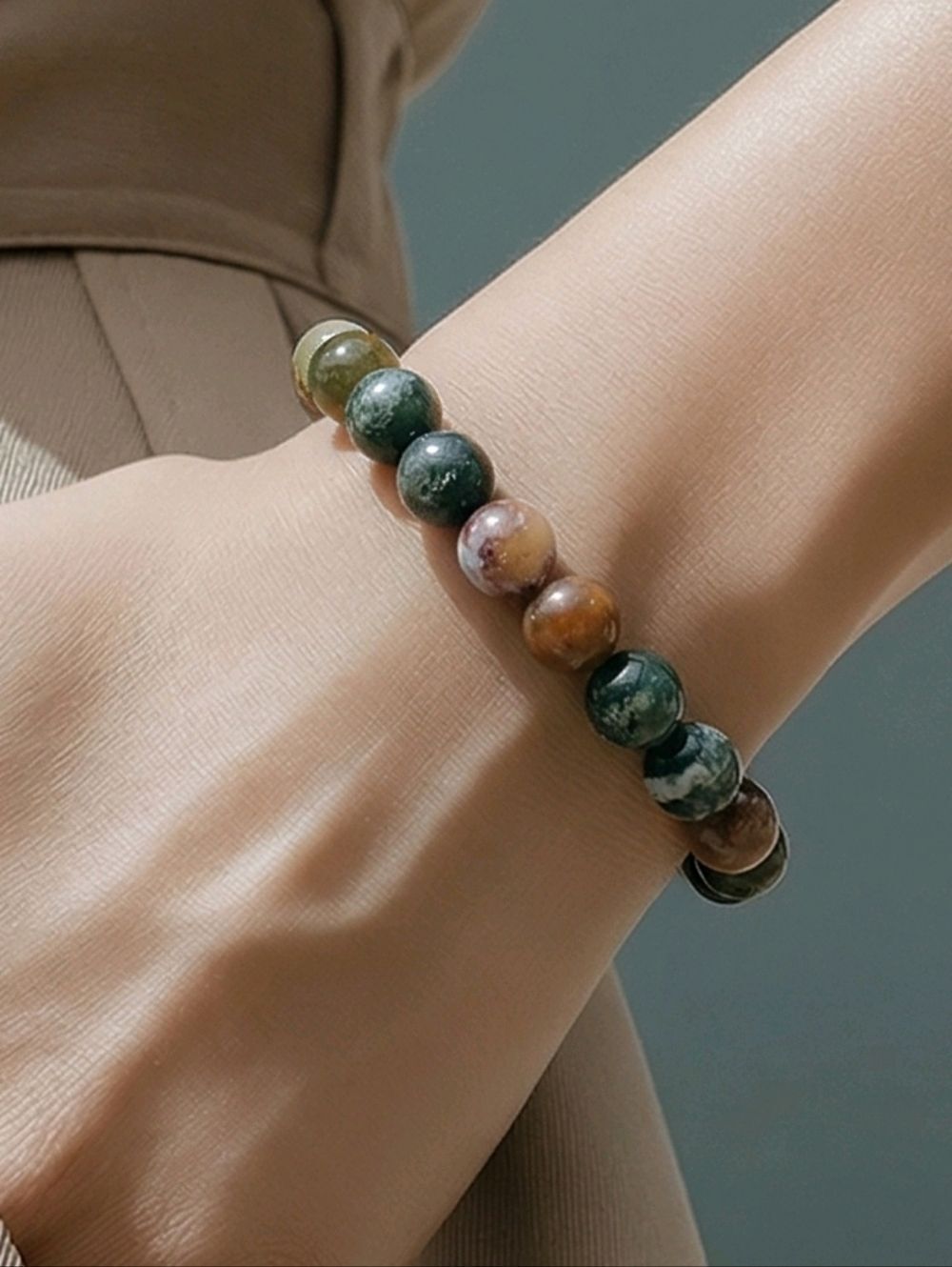 Indian Agate Natural Stone Bracelet Healing Energy Beaded Stretch 8mm Calming